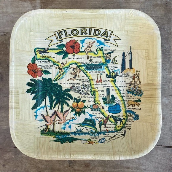 Mid Century Modern Florida bowl souvenir bamboo kitsch multicolor - Picture 1 of 9